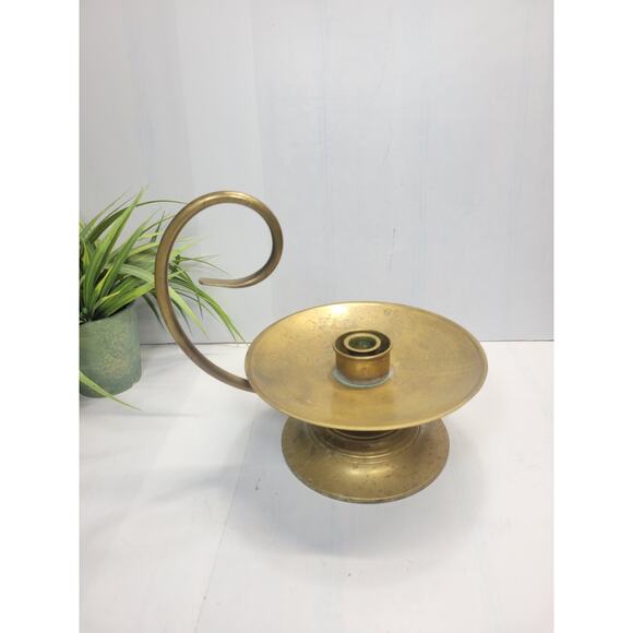 Vintage Brass Hurricane Candle Holder, Curved Handle Colonial Chamberstick - Picture 1 of 5